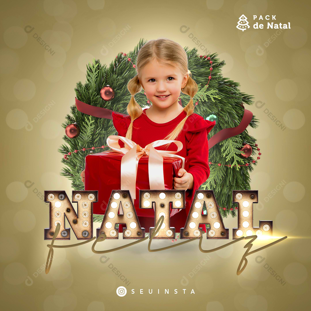 Feliz Natal Social Media PSD Presentes Menina Post Editável