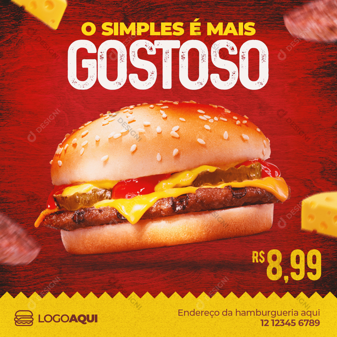 Social Media Post Hambúrguer Simples PSD Hamburgueria Editável Comida