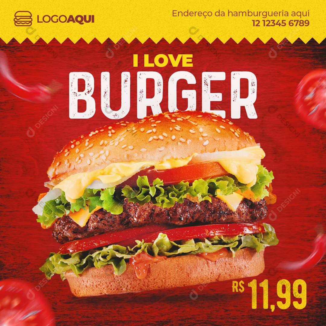 Social Media Post Hambúrguer I Love PSD Hamburgueria Editável Comida