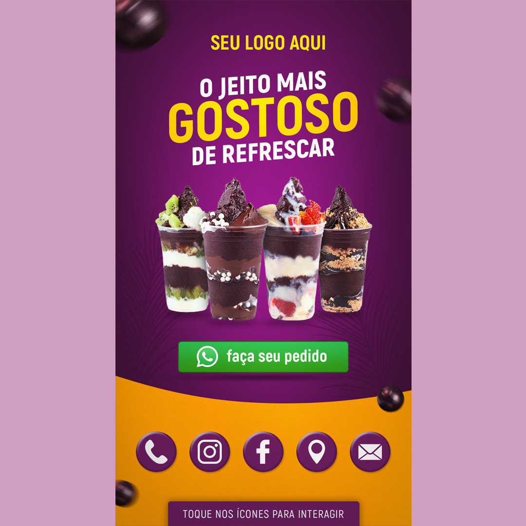 Cartão Digital Interativo Açaiteria Açaí PSD Editável Photoshop Sorveteria