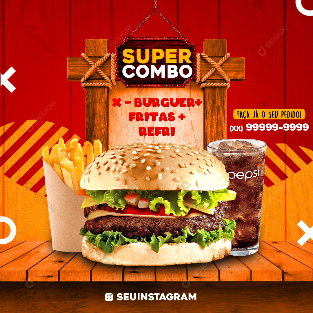Combo Hambúrguer Refrigerante Batata Frita Social Media PSD Editável Comida