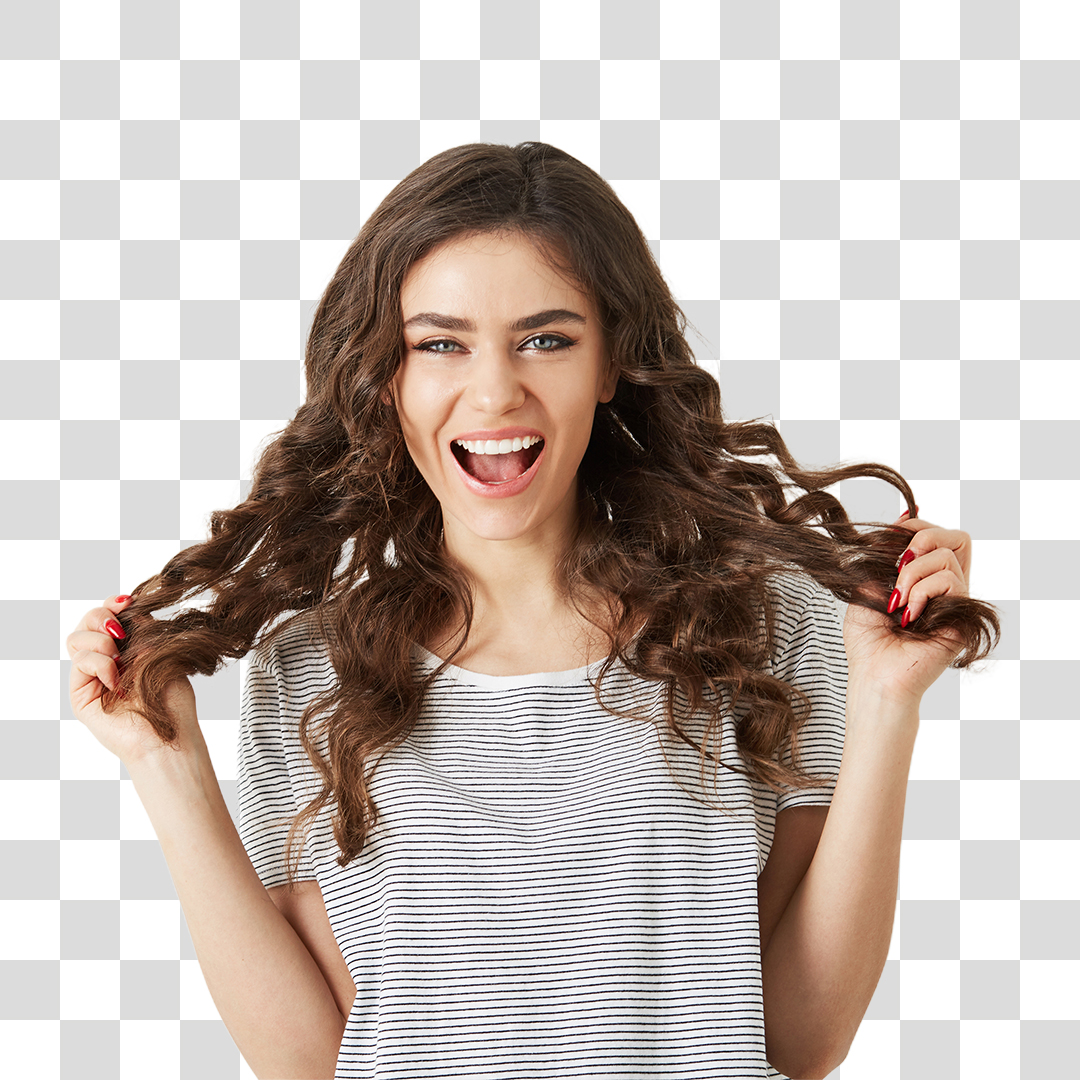 Mulher Segurando Seus Cabelos Sorrindo PNG Transparente Sem Fundo