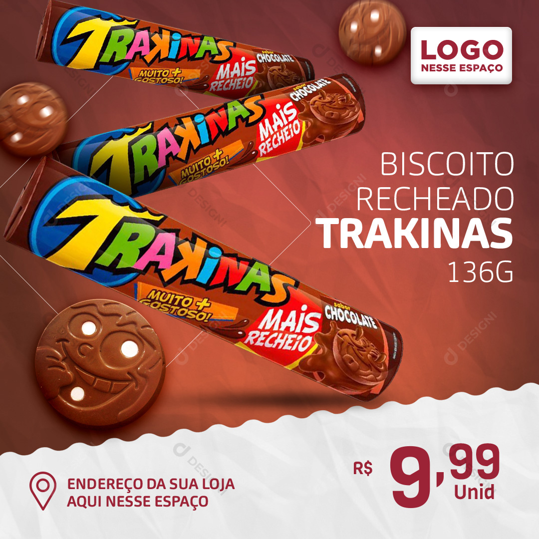 Biscoito Trakinas Chocolate 136g Bolacha Social Media PSD Editável