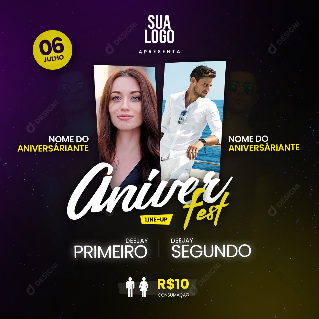 Convite de Aniversário Homem Mulher Social Media PSD Editável Festa