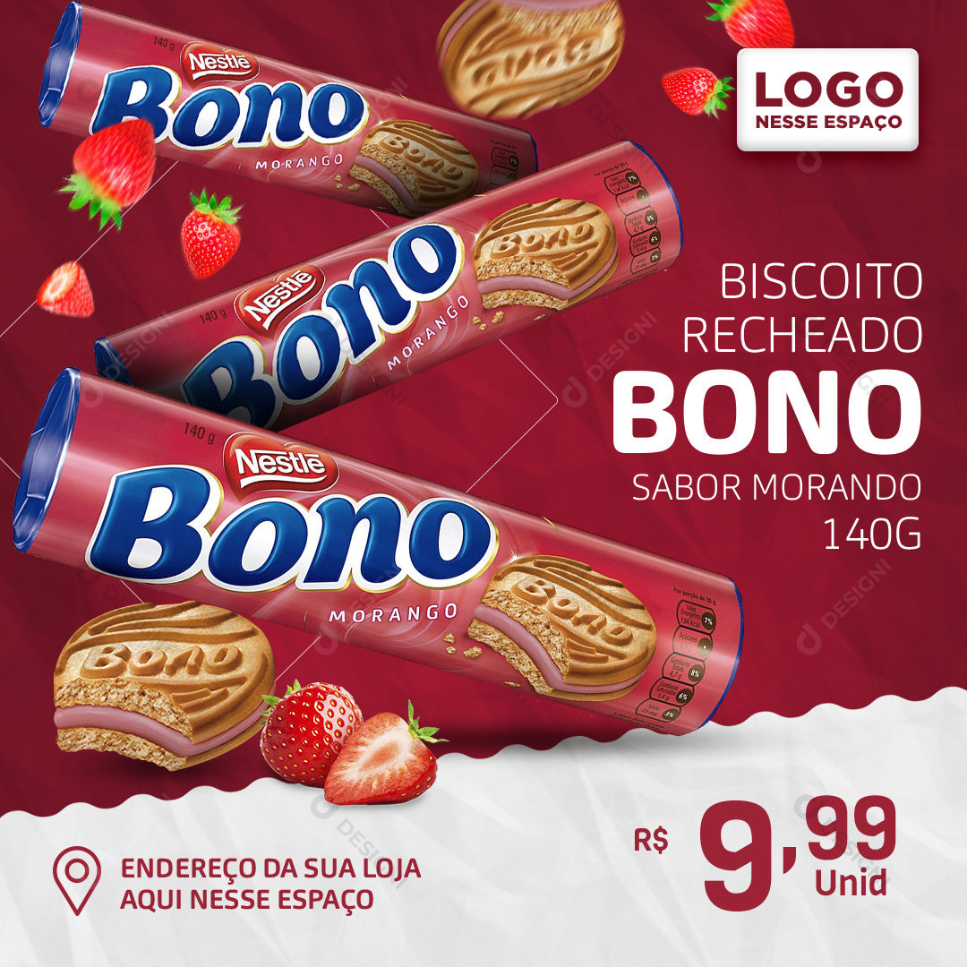 Biscoito Bono Morango 140g Bolachas Social Media PSD Editável