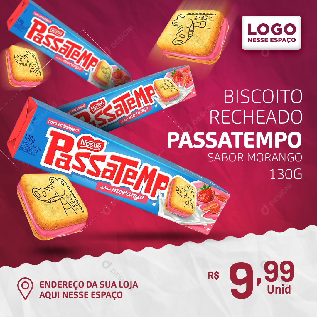 Biscoito Passatempo Morango 130g Bolachas Social Media PSD Editável