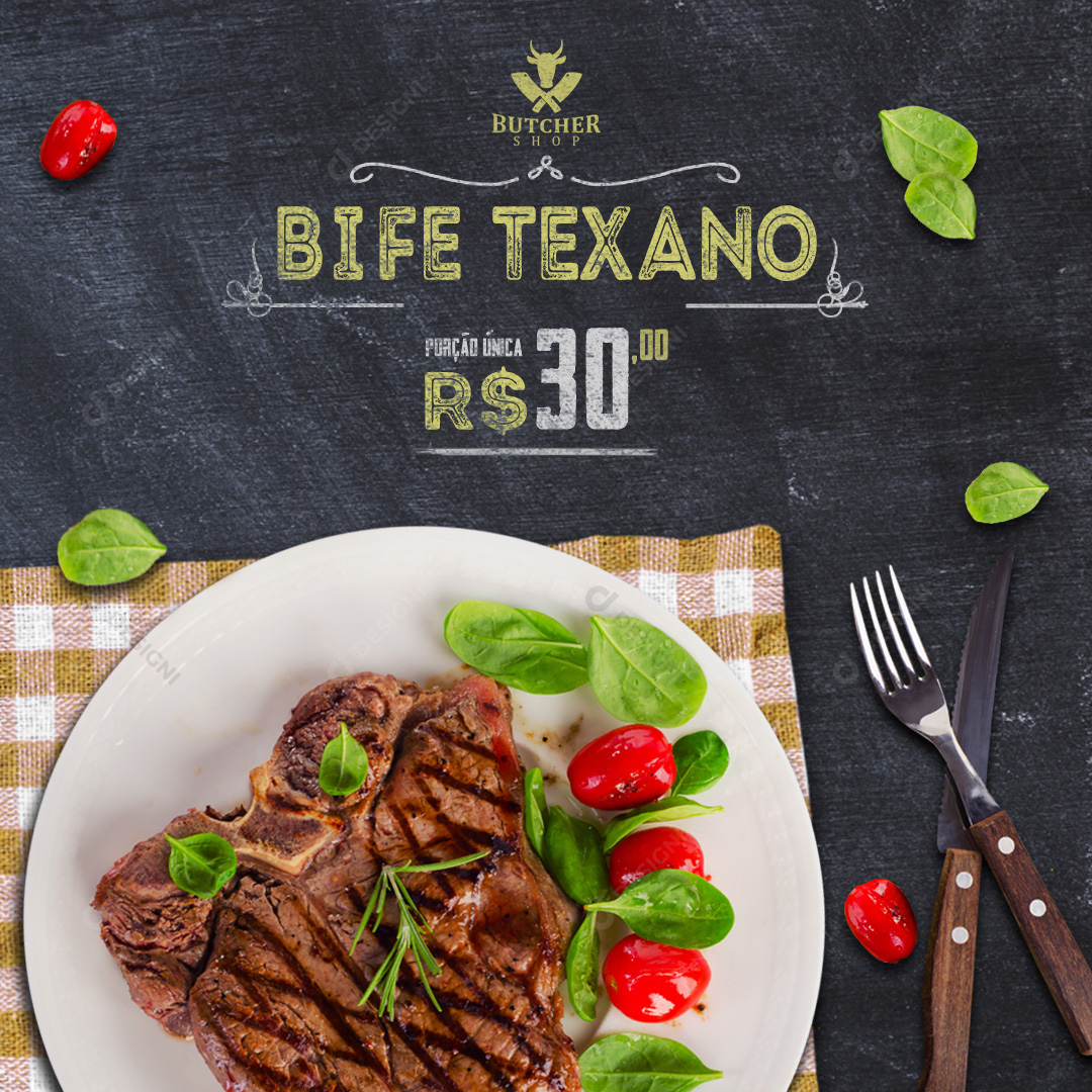 Bife Texano Restaurantes Social Media PSD Editável Preço Único