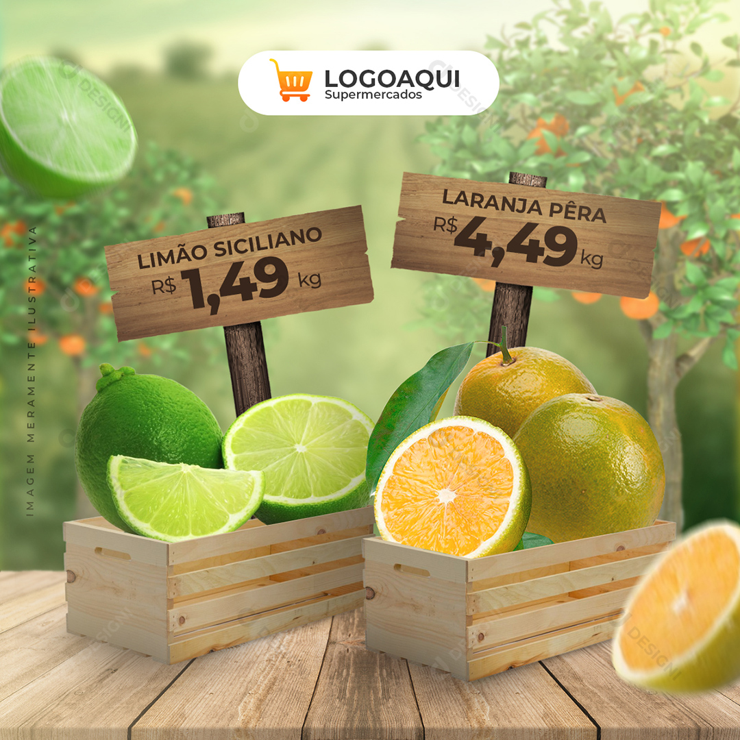 Supermercado Social Media Laranja Limão Hortifrúti PSD Post Editável