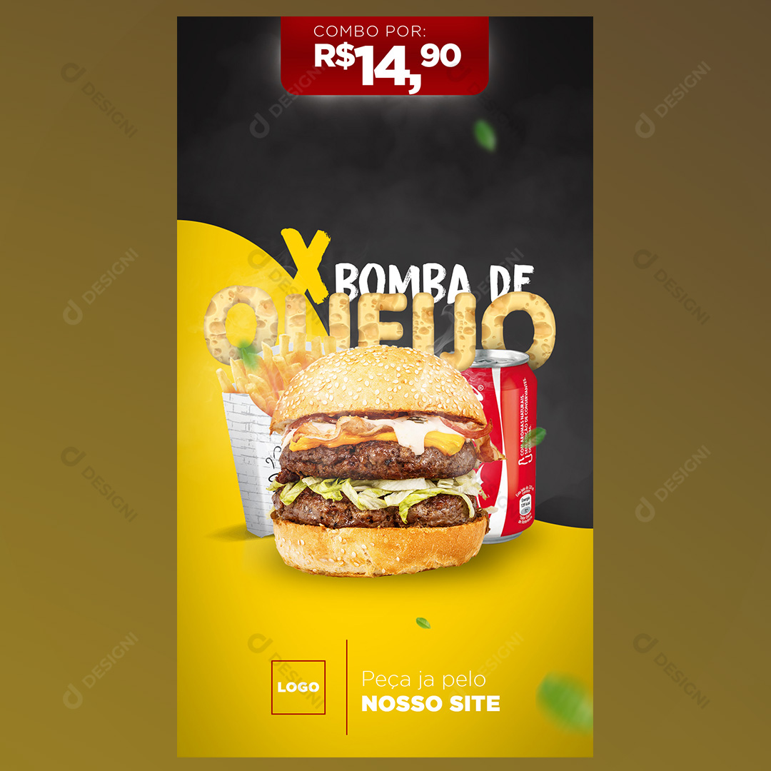 X Bomba de Queijo Hambúrguer Social Media PSD Editável Stories Delivery