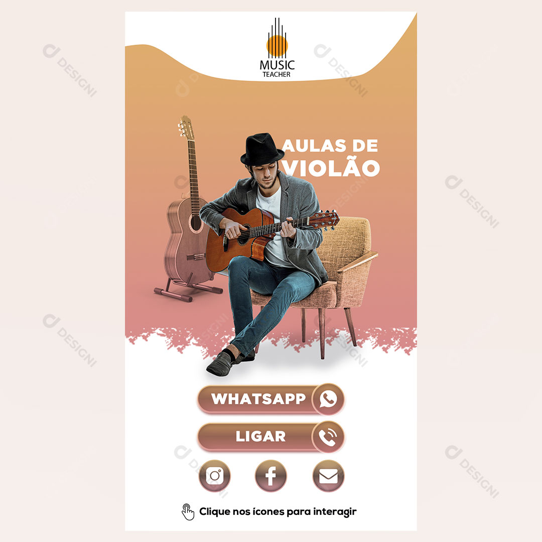 Cartão Interativo Aula de Violão PSD + PPTX Editável