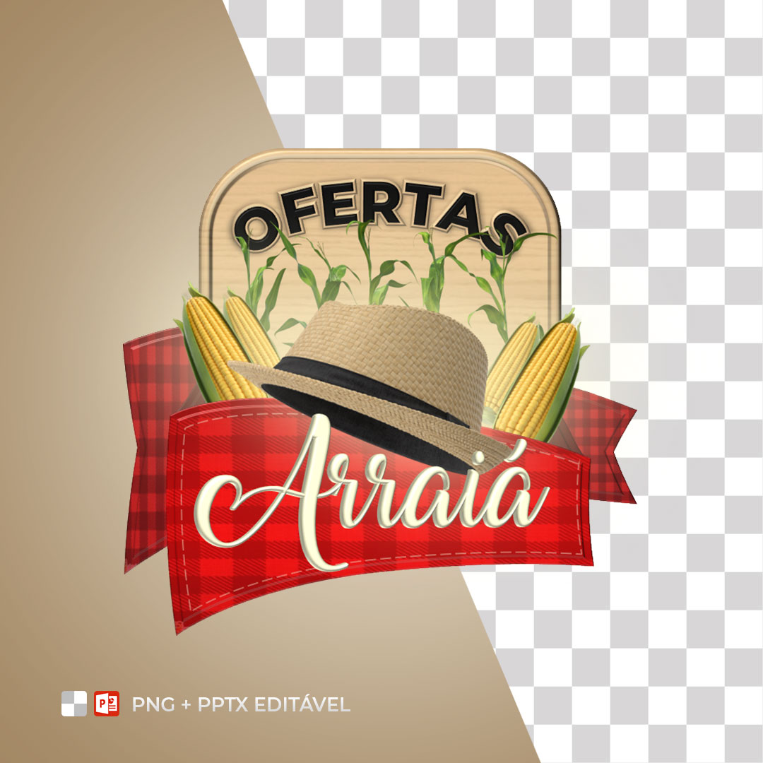 Selo 3D Arraiá de Ofertas PPTX Editável + PNG Sem Fundo