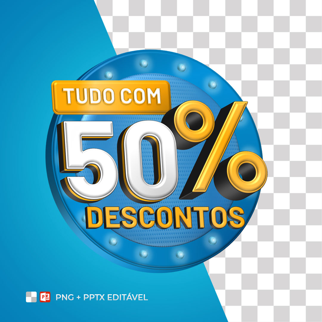 Selo 3D Tudo com 50% Descontos PPTX Editável + PNG Sem Fundo