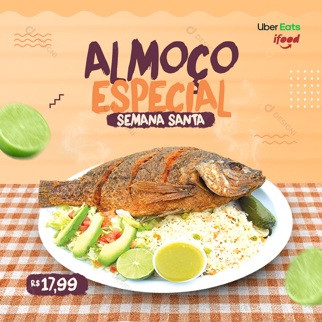 Peixe Frito Almoço Semana Santa Social Media Restaurante PSD Editável