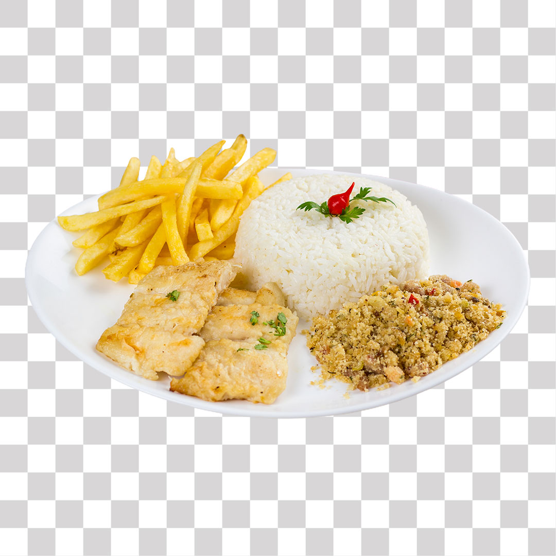 Prato de Arroz Feijão Batata e Peixe PNG Sem Fundo Transparente