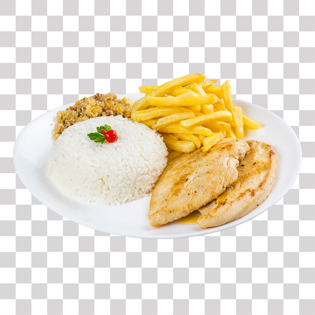Prato de Arroz Feijão Batata e Peito de Frango PNG Sem Fundo Transparente
