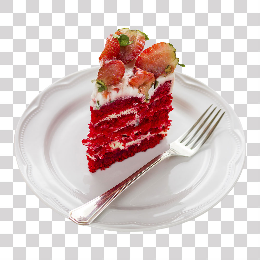 Prato com Fatia de Bolo de Morango PNG Sem Fundo Transparente