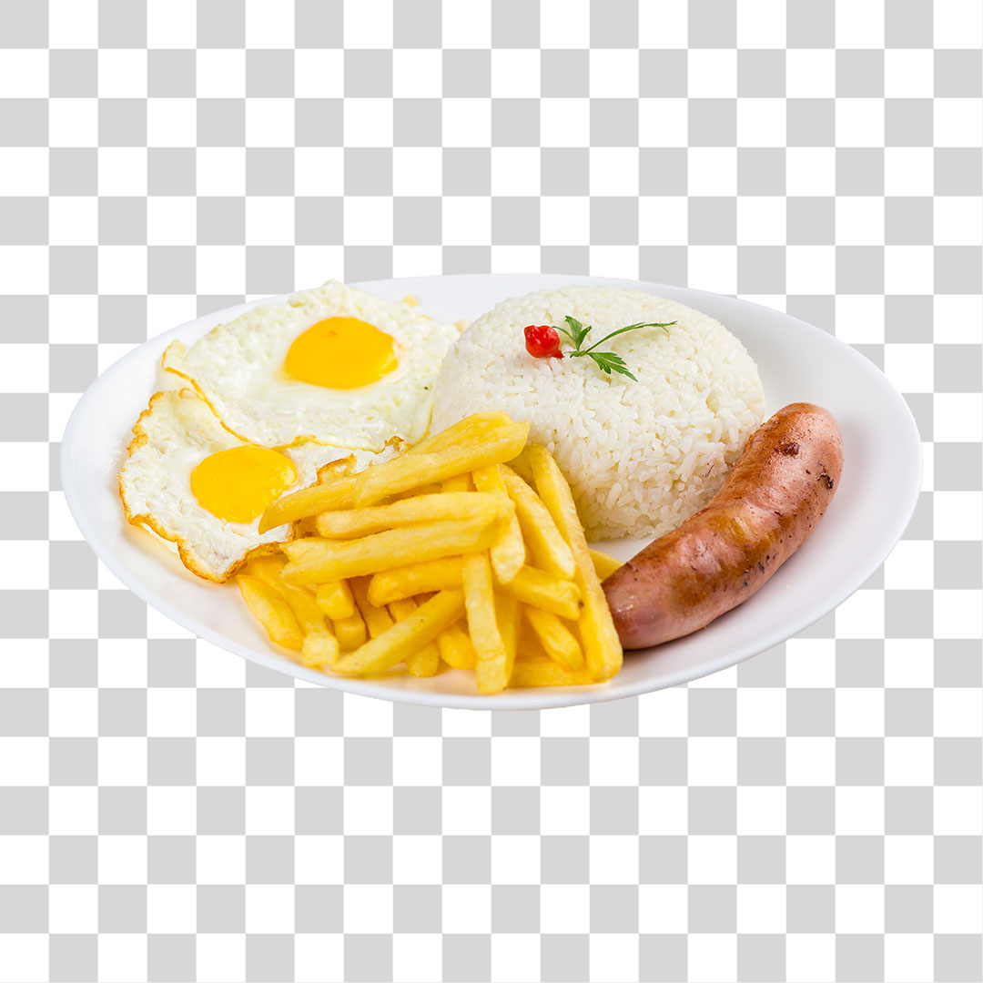 Prato de Comida Arroz Ovos Linguiça Batatas PNG Sem Fundo Transparente