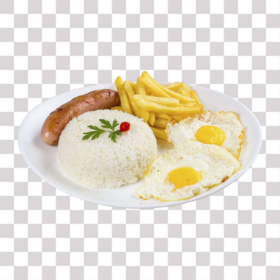 Prato de Comida Arroz Ovos Linguiça Batatas PNG Sem Fundo Transparente