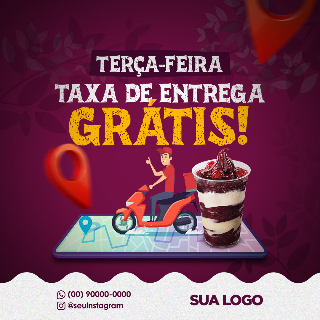 Açaí Entrega Delivery Grátis Social Media Post PSD Editável
