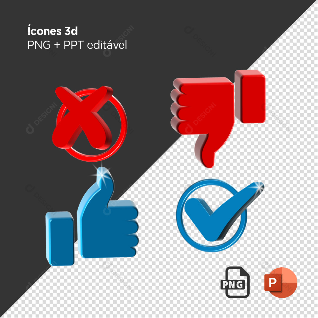 Ícones 3D  PNG + PPT Editável Like Deslike