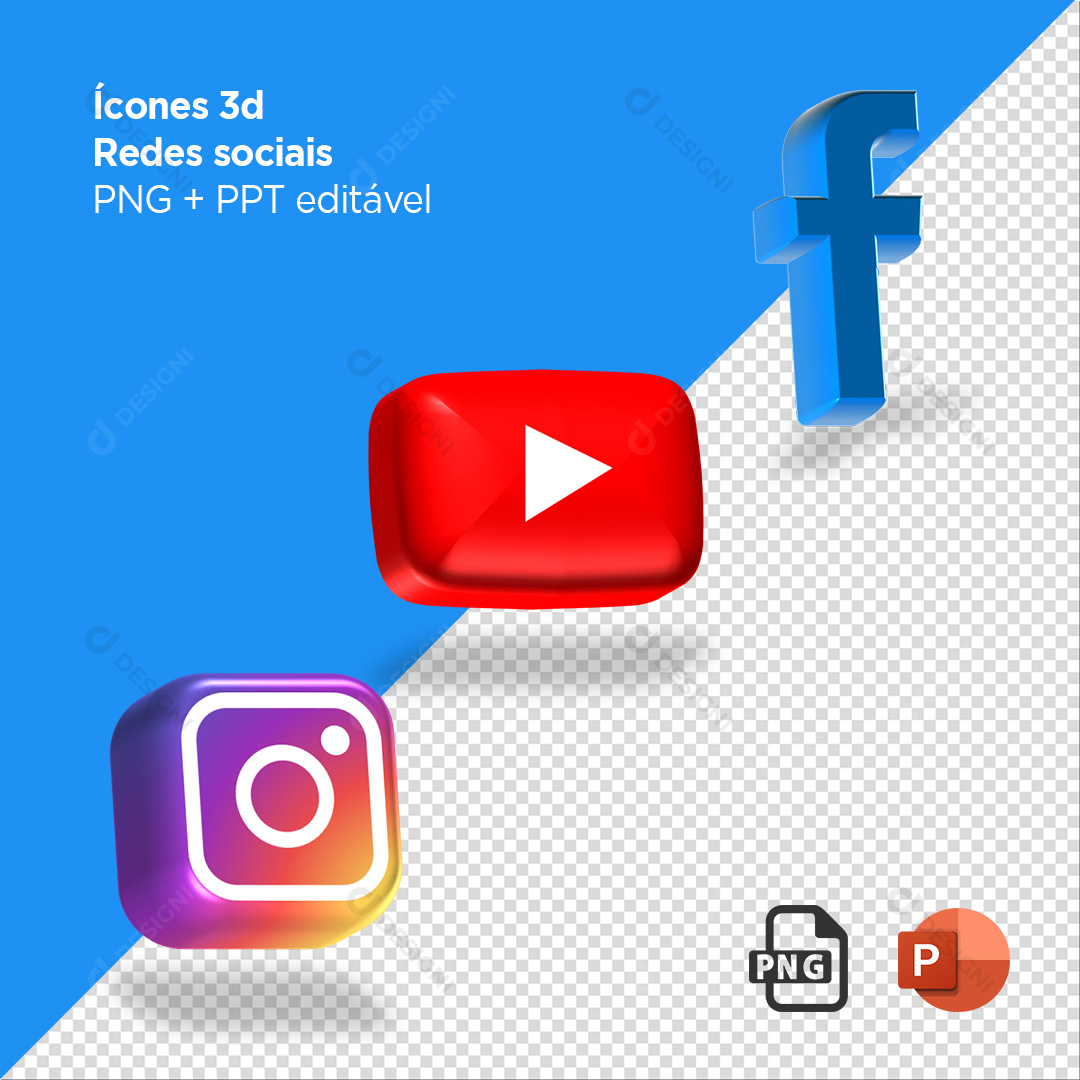 Ícones Redes Sociais 3D PNG + PPT Editável