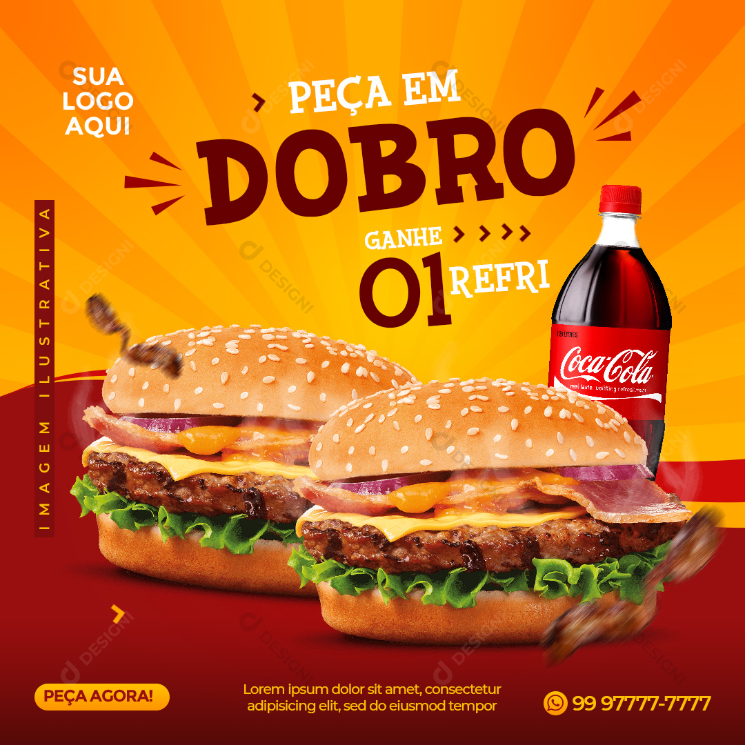 Hambúrguer Peça o Dobro Social Media PSD Editável Ganhe Um Refri