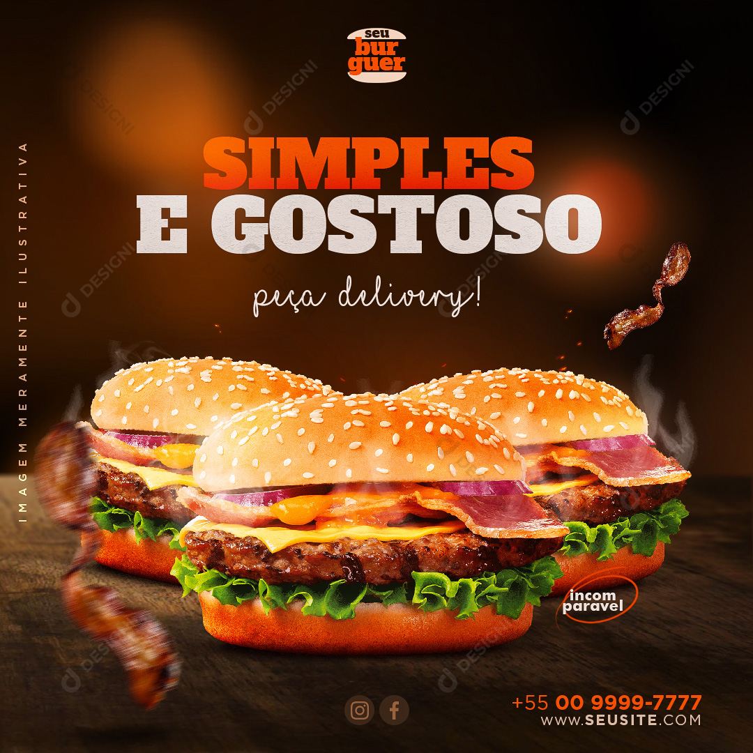 Hambúrguer Simples e Gostoso Hamburguerias Social Media PSD Editável