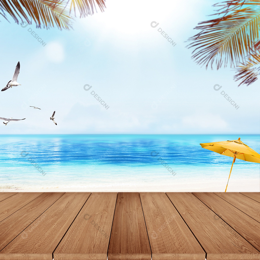Cenário Mesa de Madeira e Background Praia Verão PSD + JPG