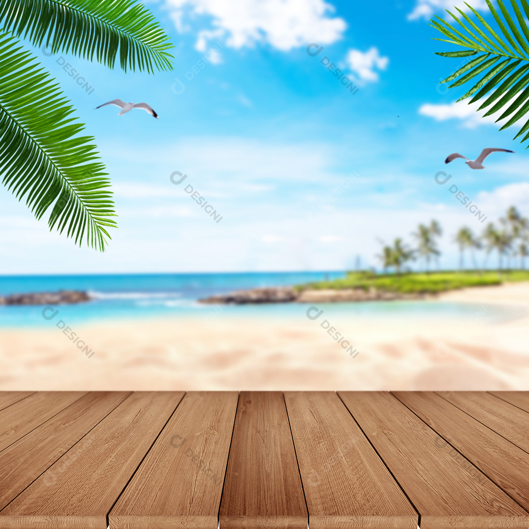 Cenário Mesa de Madeira e Background Praia Verão PSD + JPG