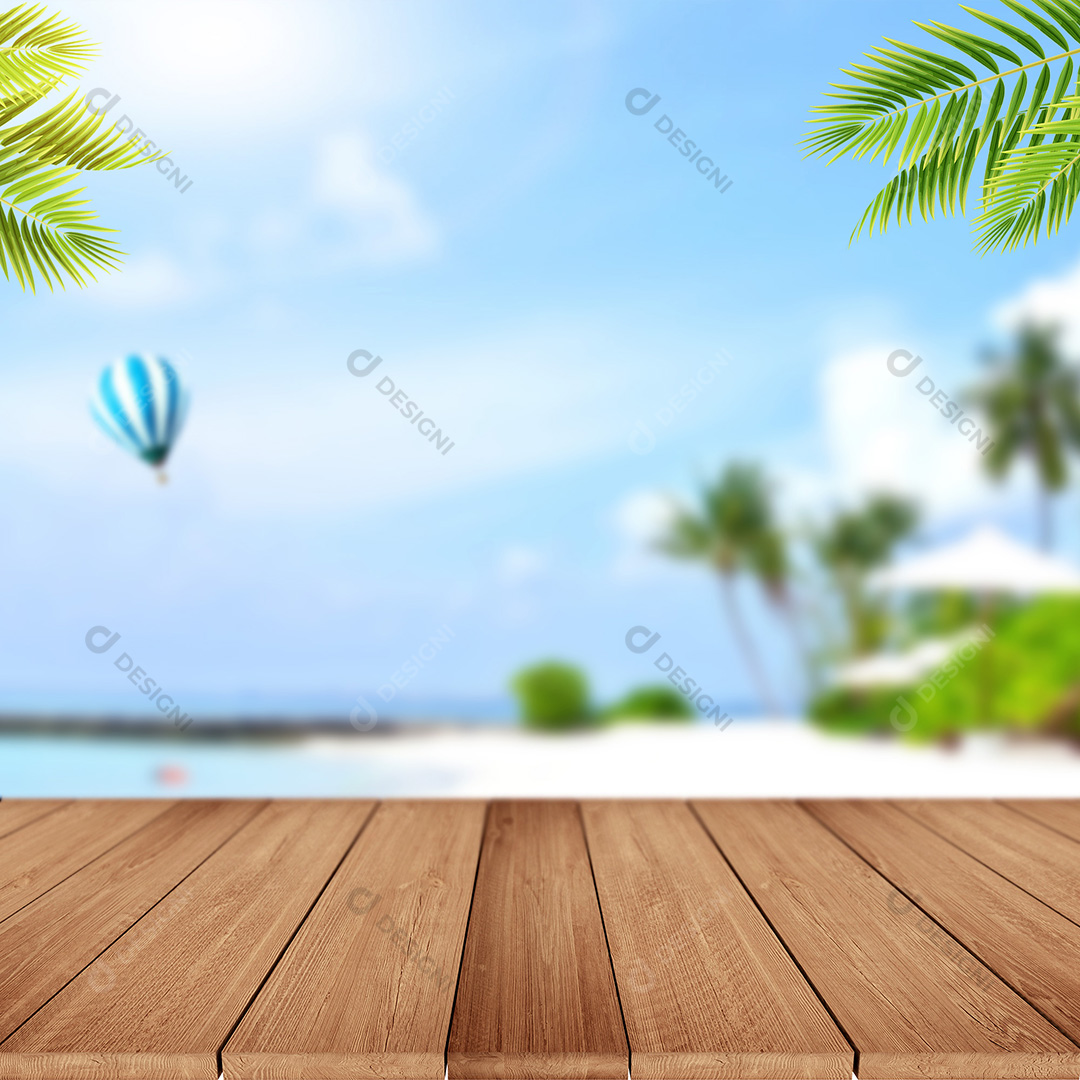 Cenário Mesa de Madeira e Background Praia Verão PSD + JPG