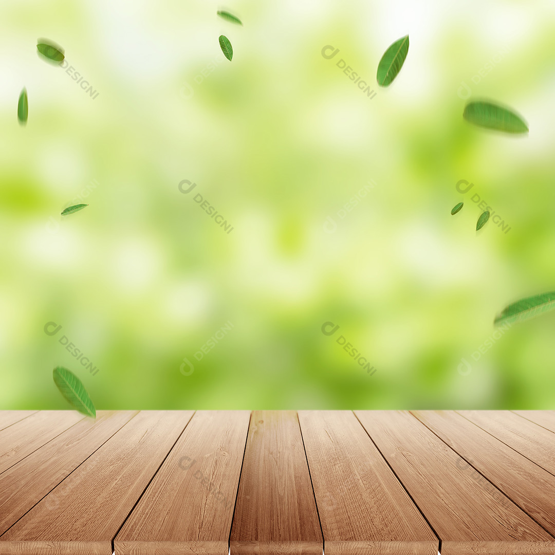 Cenário Mesa de Madeira Natureza Folhas Caindo Background PSD + JPG