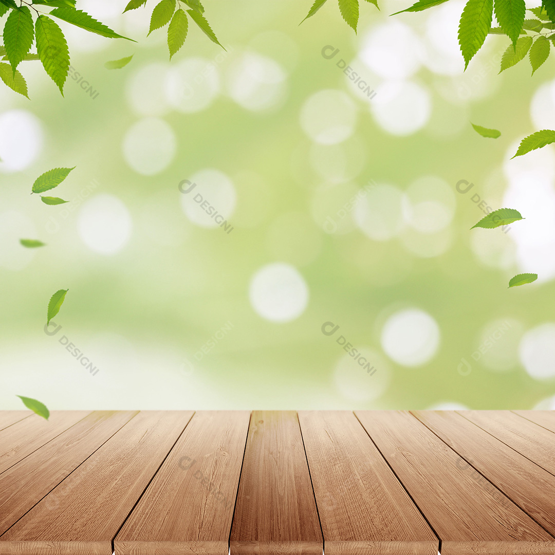 Cenário Mesa de Madeira Natureza Folhas Background PSD + JPG