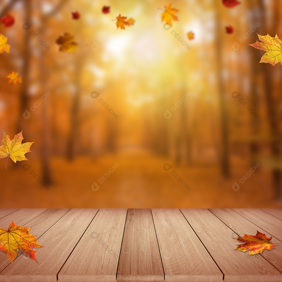 Cenário Mesa de Madeira Outono Natureza Folhas Background PSD + JPG