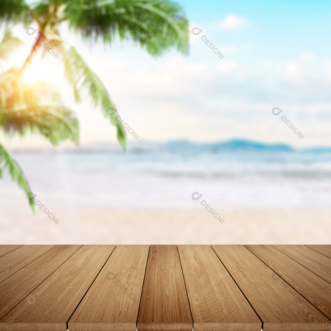 Cenário Mesa de Madeira e Background Praia PSD + JPG