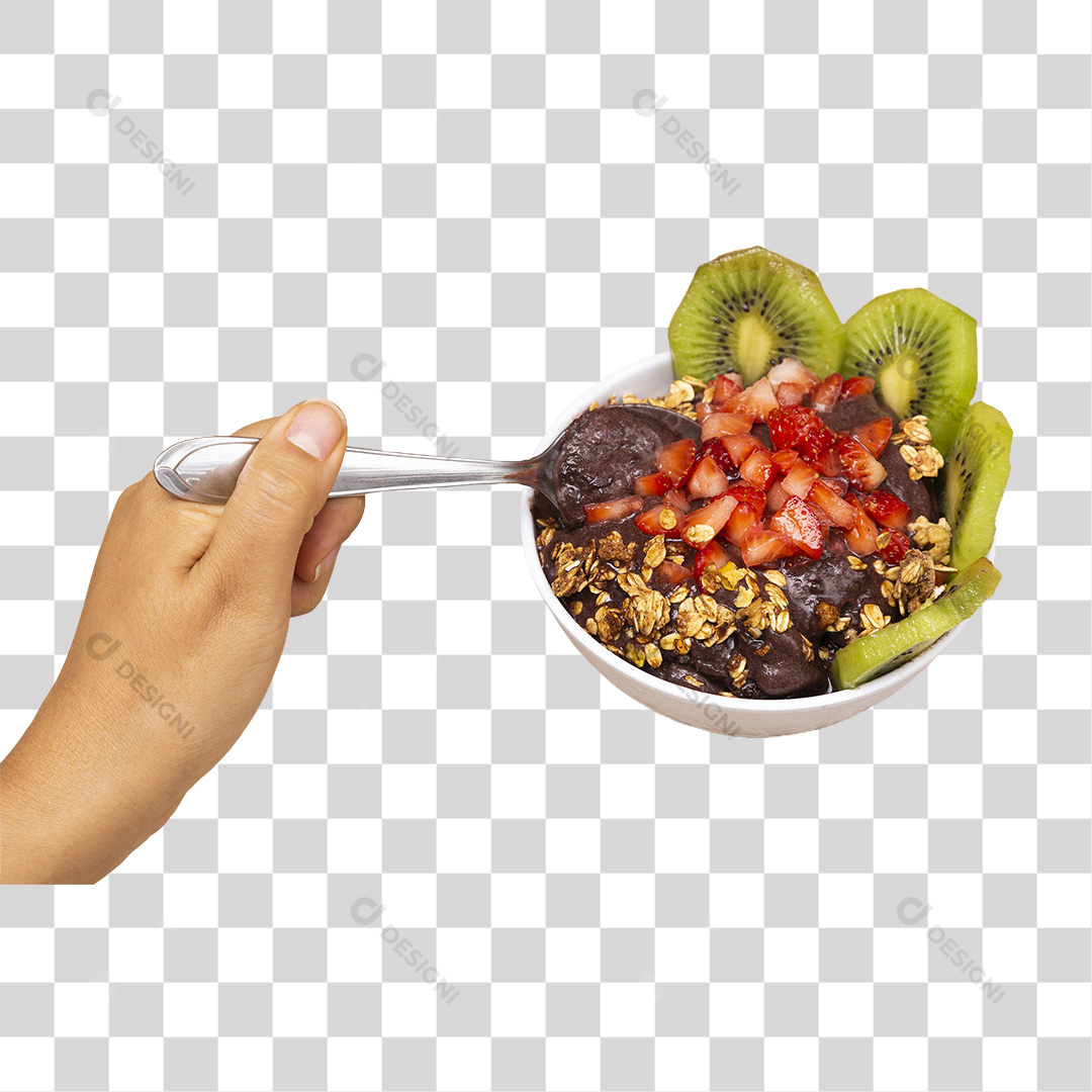 Pessoa Pegando Açaí na Tigela com Kiwi Morango e Granola PNG Transparente Sem Fundo