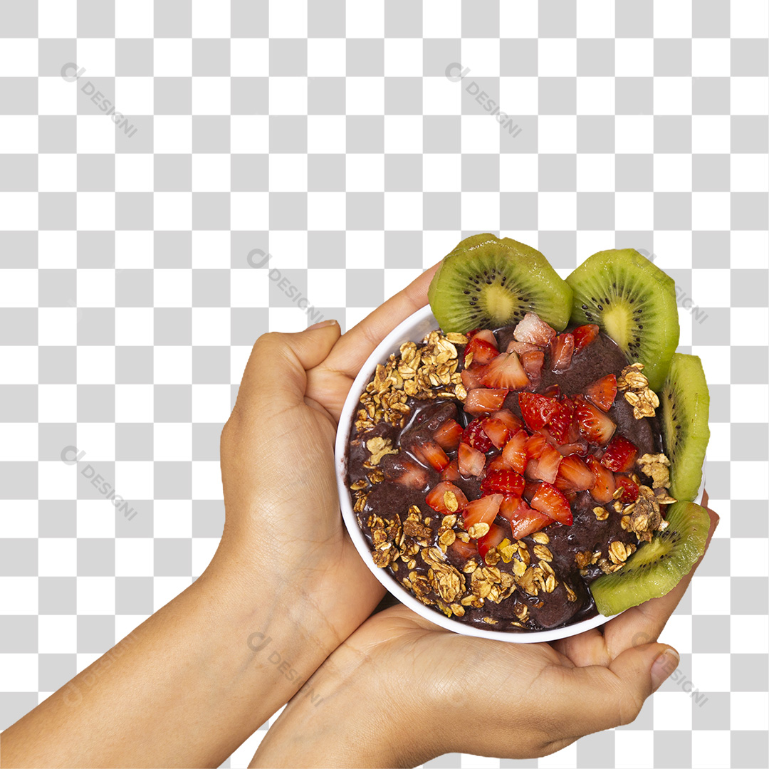 Mãos Segurando Tigela de Açaí com Kiwi e Morango PNG Transparente Sem Fundo