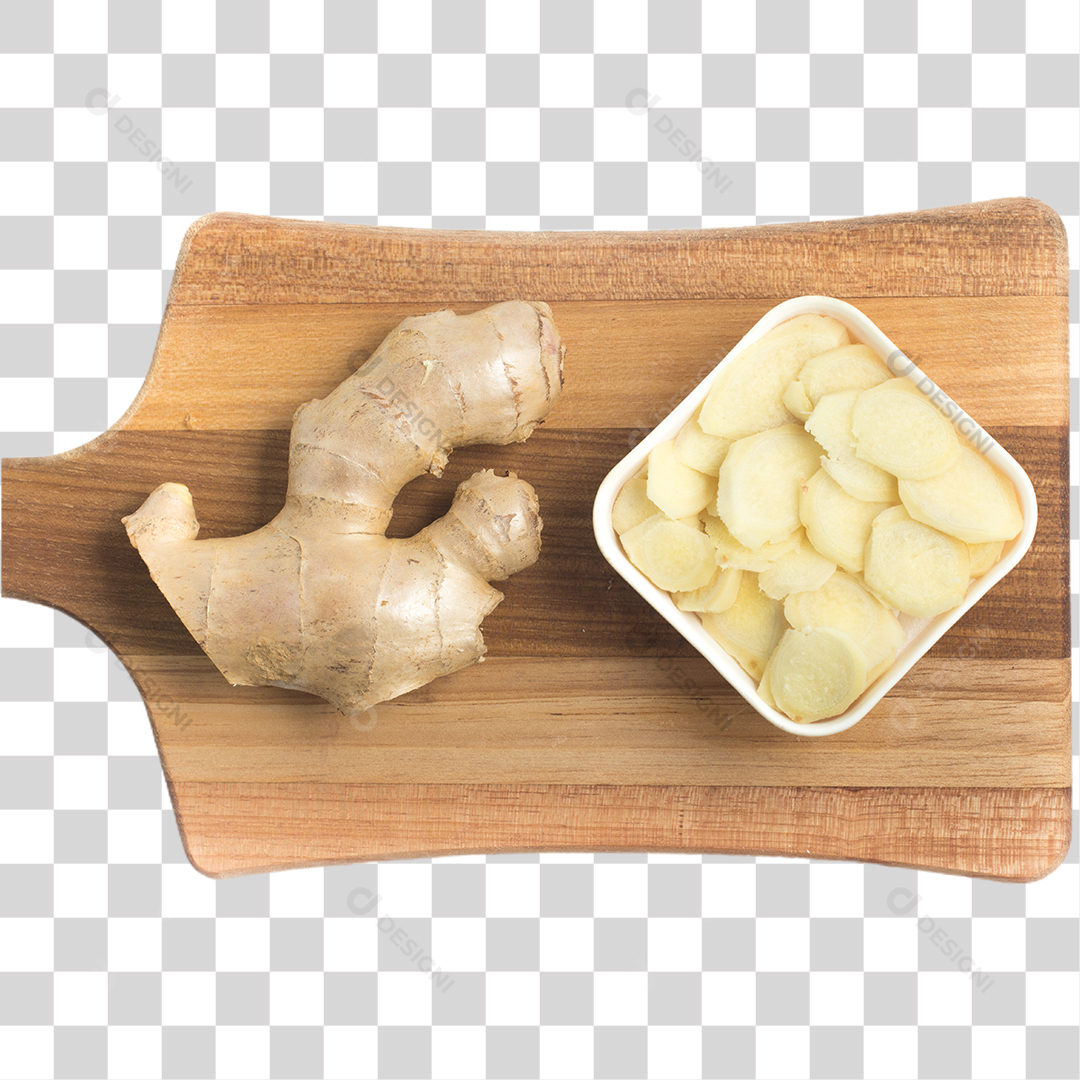 Tábua De Corte Com Raiz De Gengibre Fatiada PNG Transparente
