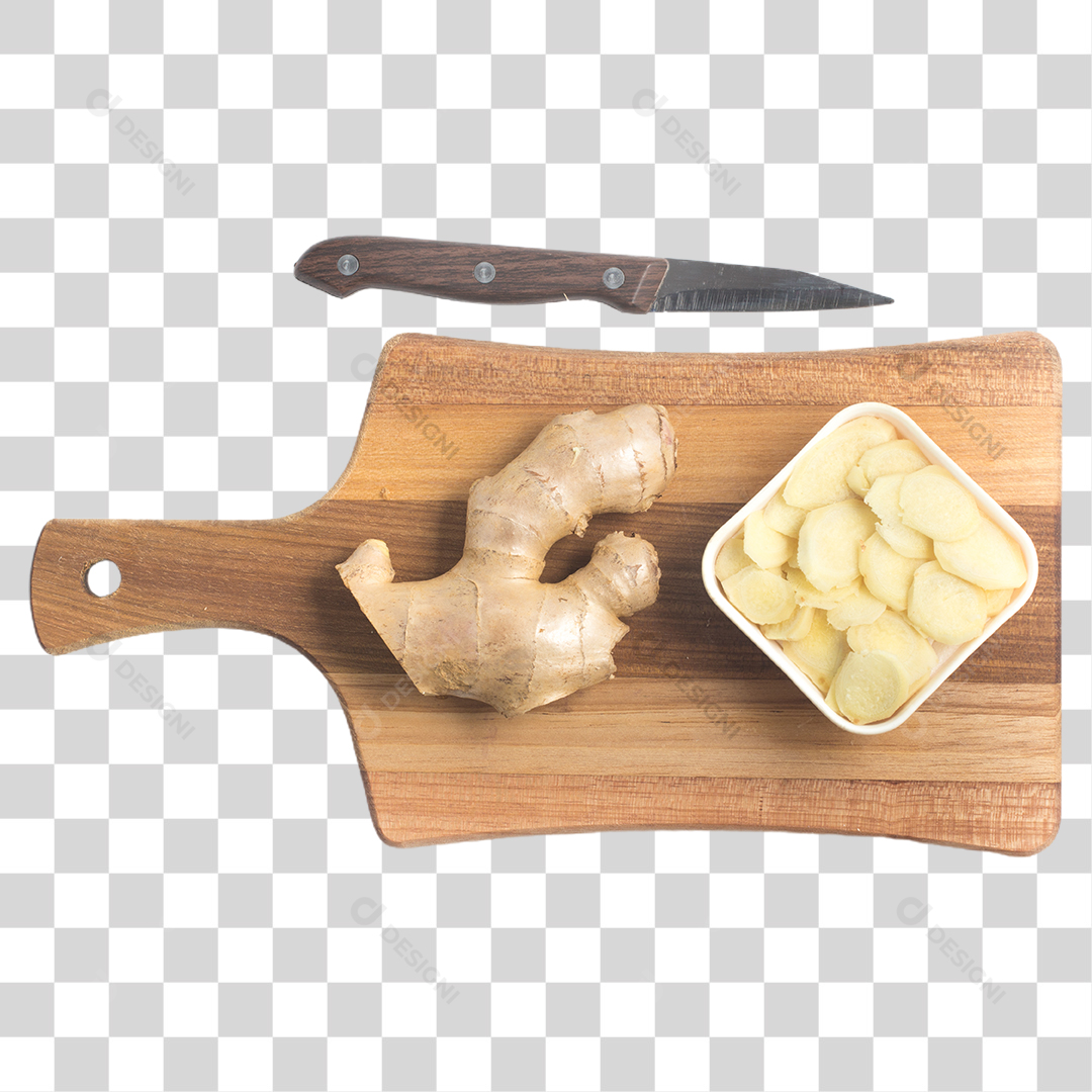 Tábua De Corte Com Raiz De Gengibre Fatiada PNG Transparente