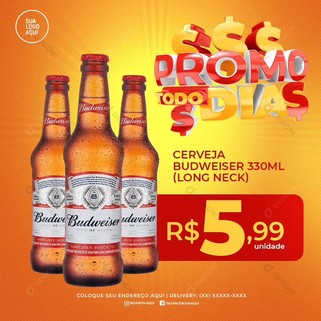 Promoção Cerveja Budweiser 330ml Long Neck Social Media PSD Editável