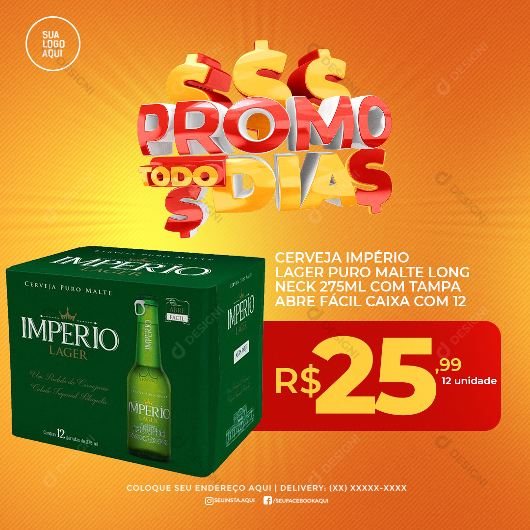 Promoção Caixa de Cerveja Império Lager Puro Malte 275ml Long Neck Social Media PSD Editável