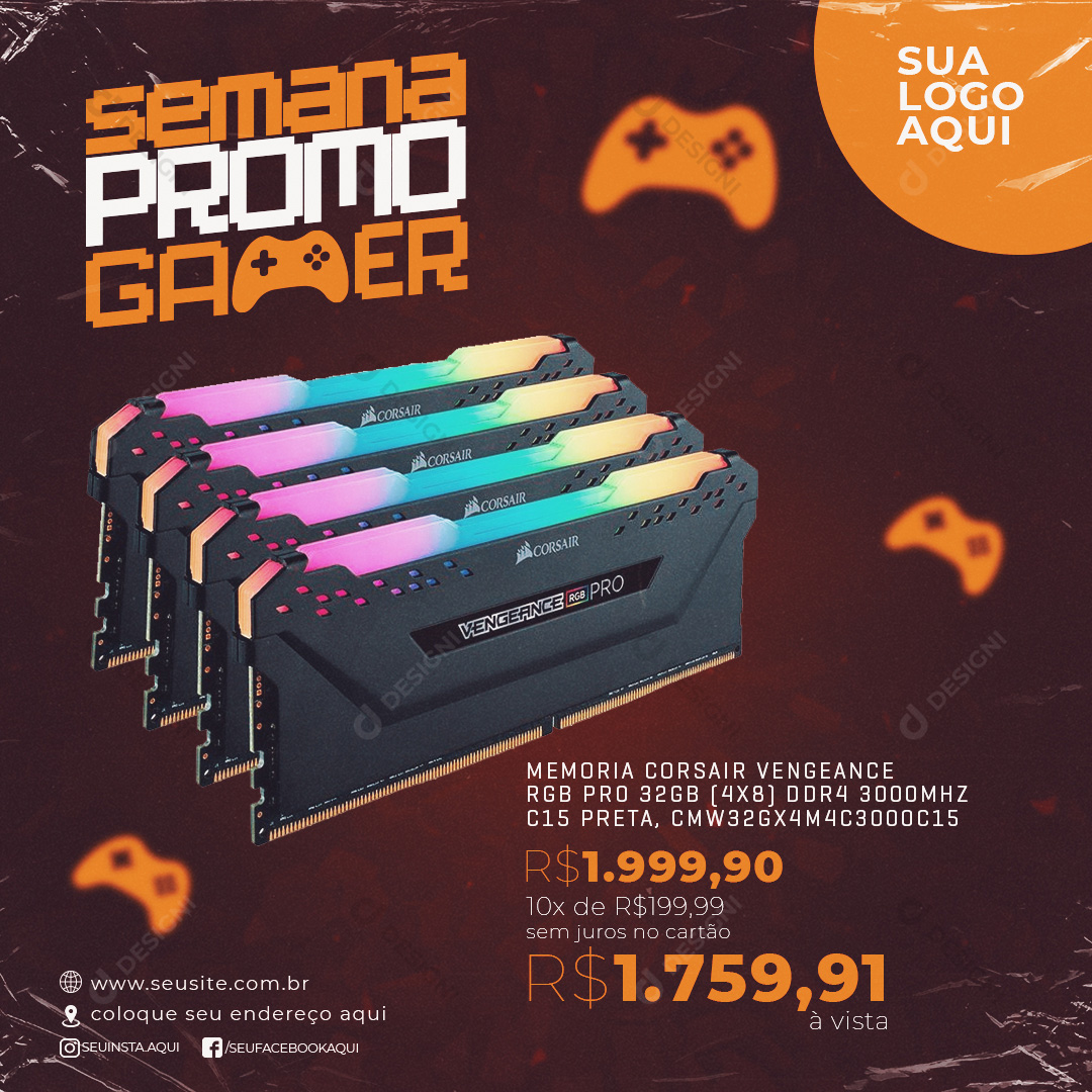 Semana Promo Gamer Memória Corsair Vengeance Social Media PSD Editável