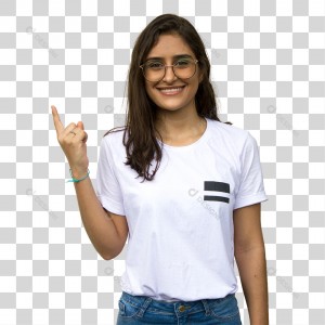 Jovem Mulher de Óculos Sorrindo Apontando o Dedo PNG Transparente Sem Fundo