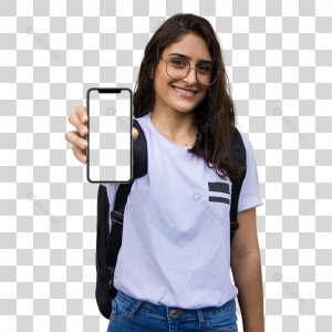 Estudante Jovem Sorrindo Mostrando o Celular PNG Transparente Sem Fundo