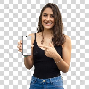 Jovem Mulher Sorrindo Apontando Para o Celular PNG Transparente