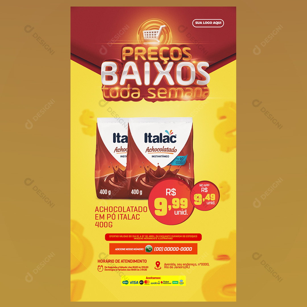 Preço Baixo Toda Semana Achocolatado Italac Social Media PSD Editável Stories
