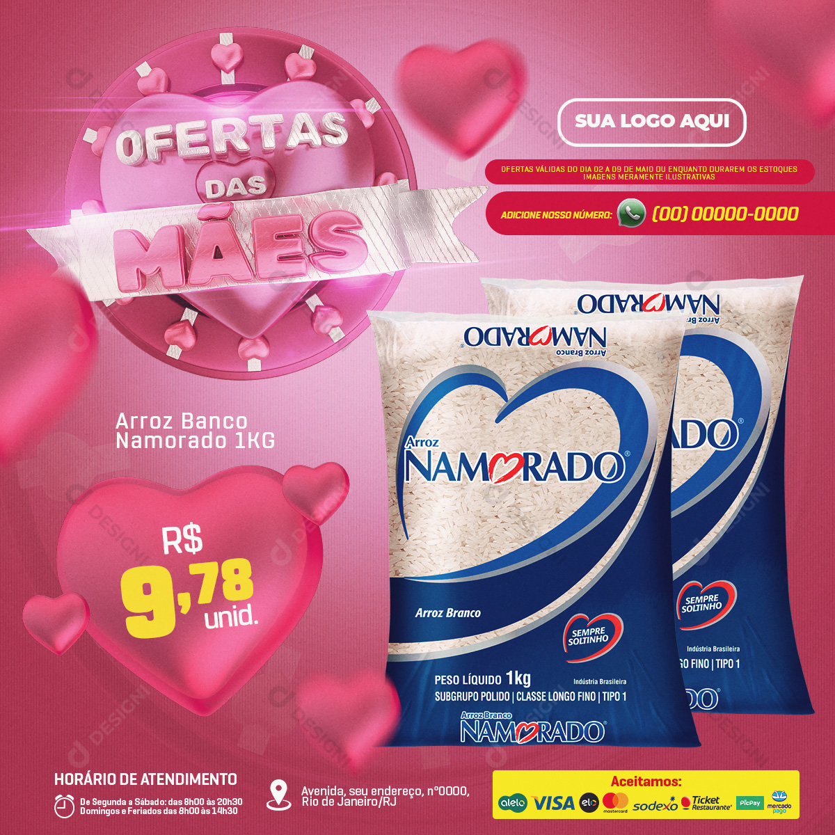 Ofertas Supermercado Arroz Branco Namorado Dia das Mães Social Media PSD Editável