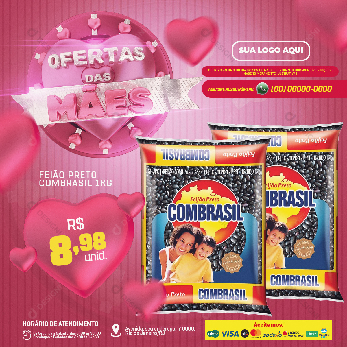 Ofertas Supermercado Feijão Preto Dia das Mães Social Media PSD Editável