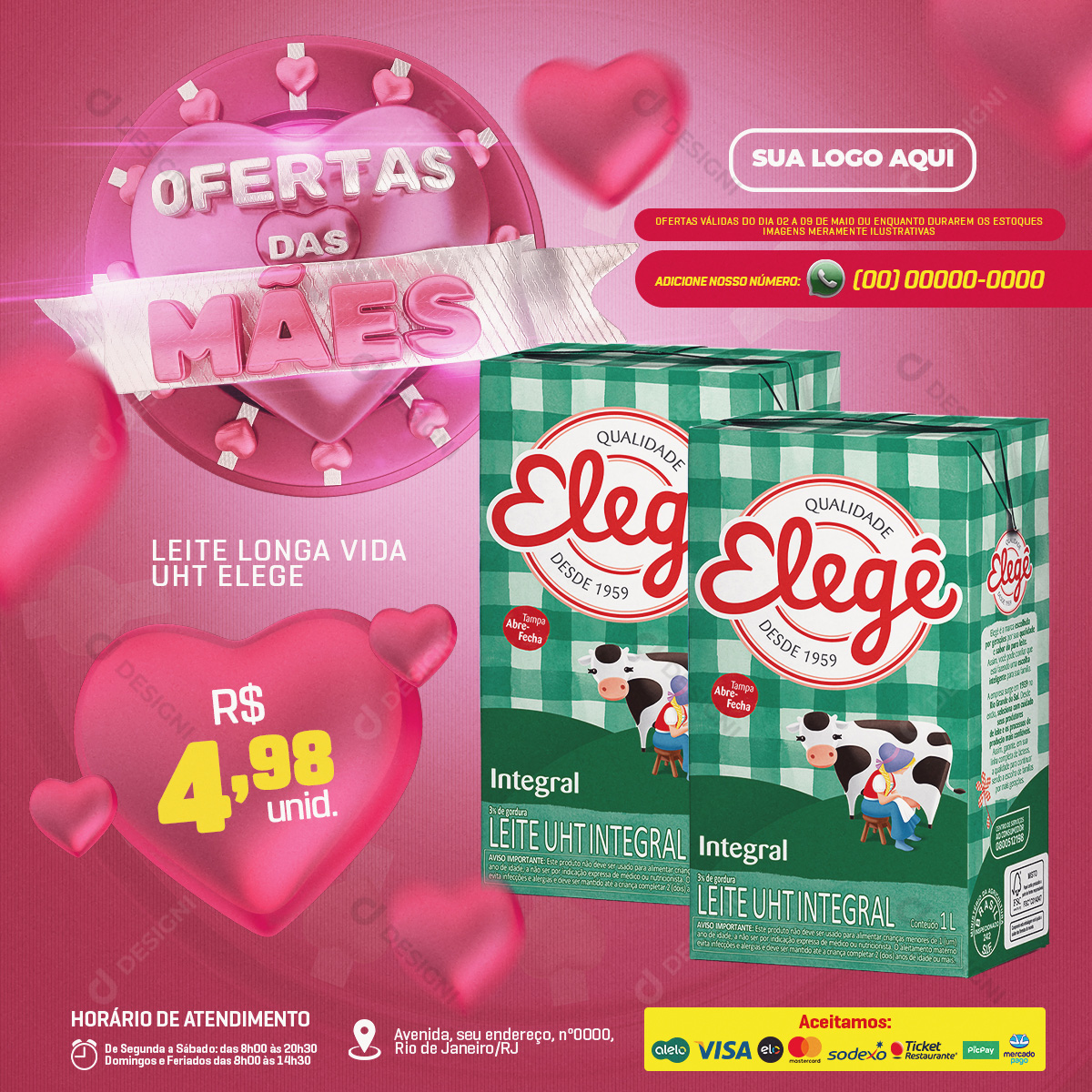Ofertas Supermercado Leite Longa Vida Dia das Mães Social Media PSD Editável