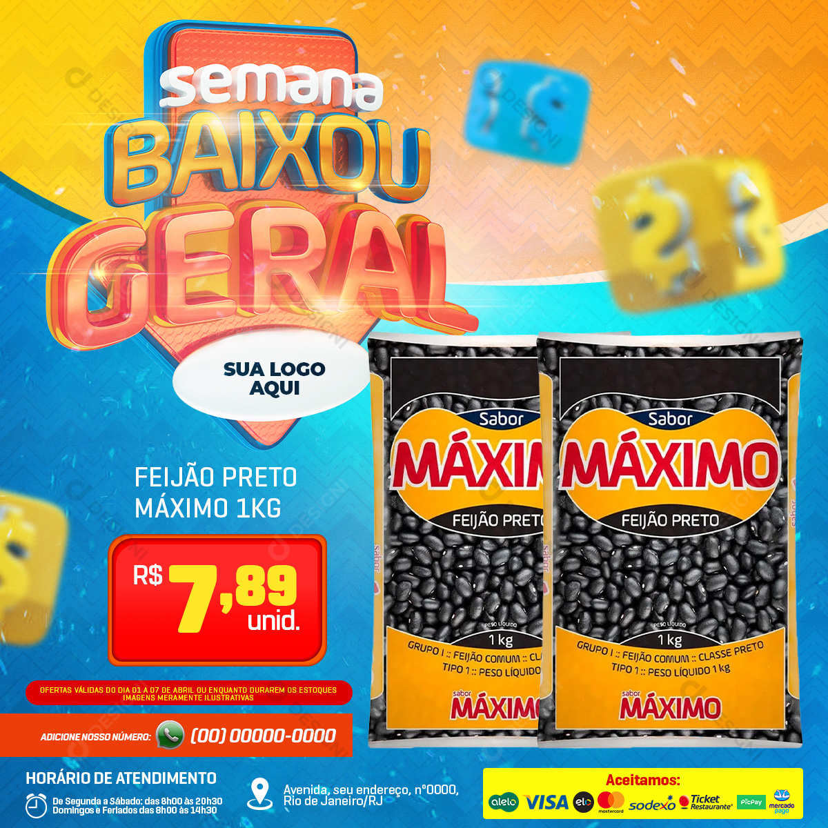 Encarte de Ofertas Supermercado Feijão Preto Máximo Semana Baixou Geral Social Media PSD Editável