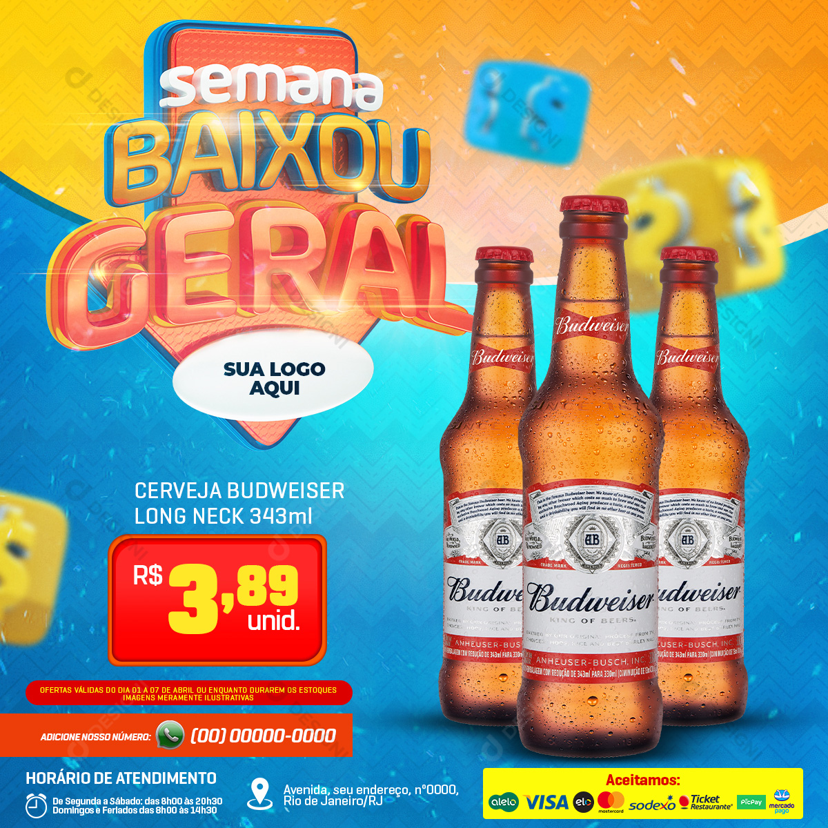 Ofertas Supermercado Cerveja Budweiser Semana Baixou Geral Social Media PSD Editável